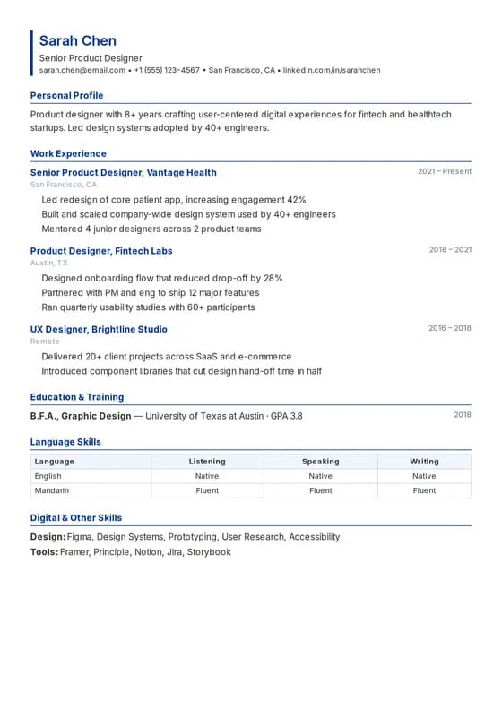 EU CV Format resume template preview